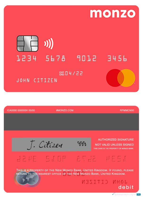 Download United Kingdom Monzo bank debit mastercard Photoshop template